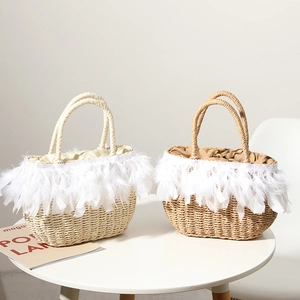 Straw Handbag With Feather Fringe Vacation Beach Summer Fashion Woven Tote With Drawstring Lining