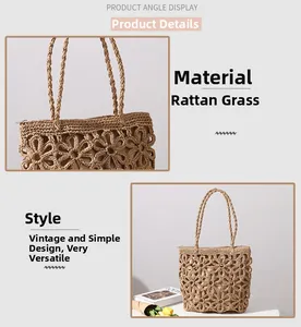 Detail of hand-woven raffia beach bag with hollow floral patterns and zipper closure