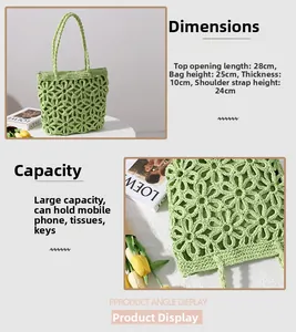 Detail view of green crochet tote bag with flower pattern and dimensions for beach use