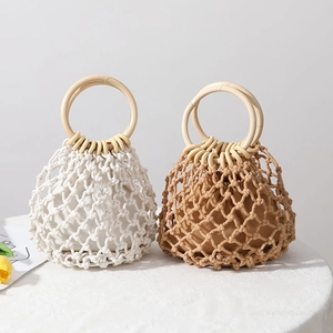 Handgefertigte Gewebte Stroh Handtasche Hohl Gitter Strandurlaub Tasche Mit Holzgriff Und Kordelzug Innentasche Damen