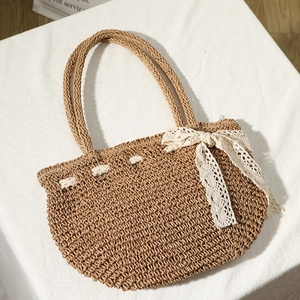 Sac à main en paille tressée avec nœud en dentelle beige pour les vacances à la mer