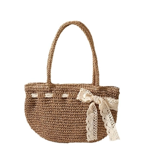 Sac à main en paille tressée avec grand nœud en dentelle pour la plage et les vacances