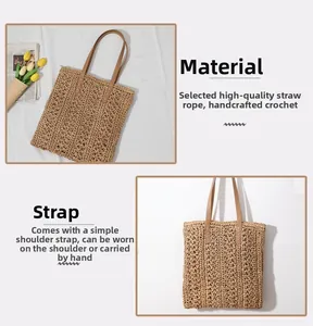 Detail of hand-woven straw tote bag with intricate hollow patterns and brown leather straps