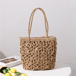 Women Hollow Out Flower Straw Woven Shoulder Bag Summer Beach Vacation Raffia Crochet Tote Bag With Zipper Lining Handbag