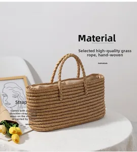 Detail of hand-woven straw tote bag with fine texture on a white lace tablecloth