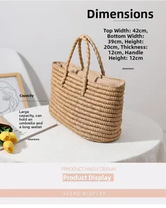 Detailed view of handmade woven straw tote bag with size measurements and floral styling