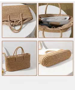 Detail views of woven straw tote bag featuring drawstring liner and large capacity