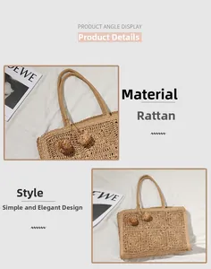 Dettaglio dell'intricata trama traforata della borsa tote in paglia lala con pompon