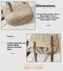 Detailed size chart for handmade straw tote bag with dimensions and drawstring closure