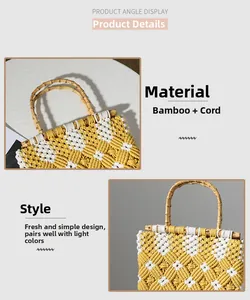 Detail of hand-woven diamond pattern cotton bag with natural bamboo handles
