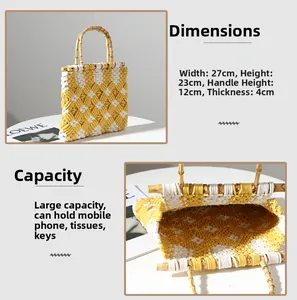 Detail of diamond weave cotton bag with bamboo handles and internal capacity view