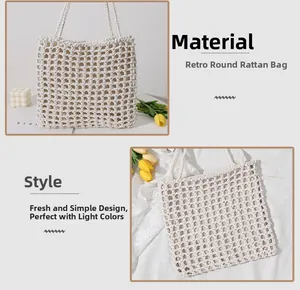 Close-up detail of beige woven straw tote bag with intricate hollow knit pattern