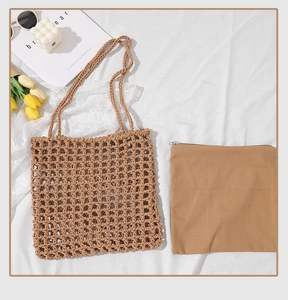 Detailed view of handmade woven grid handbag set with cotton mesh and matching inner pouch
