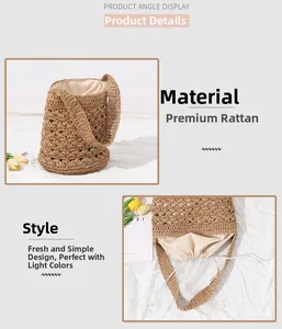 Close-up of handmade raffia straw bucket bag with drawstring liner and woven texture