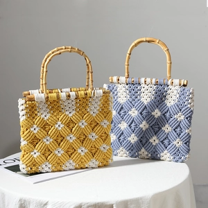 Handmade bohemian cotton rope macrame tote bag with bamboo handles and diamond pattern