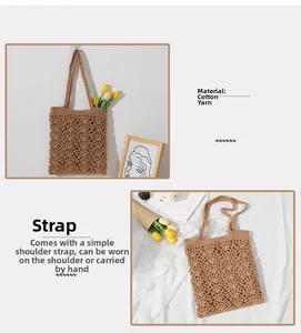 Détail du sac cabas en crochet kaki avec tissage floral ajouré en fil de coton