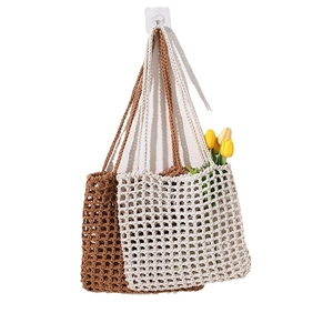 Handwoven square mesh tote bags in brown and beige colors with a hollow lattice design