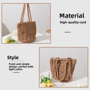 Detailed view of the premium cord hand-woven texture on this hollow bucket bag