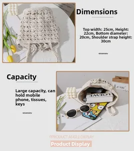 Detail view of beige hollow crochet tote bag with drawstring lining and daily essentials