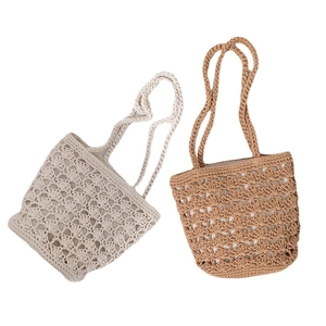 Chic hollow out crochet shoulder bag in beige and light brown for beach holidays
