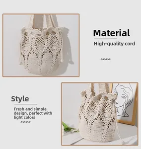 Detail of hand-woven cream cotton rope bucket bag with hollow crochet and tassel drawstring