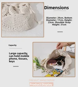 Detailed view of woven cotton bucket bag showing internal capacity and size dimensions