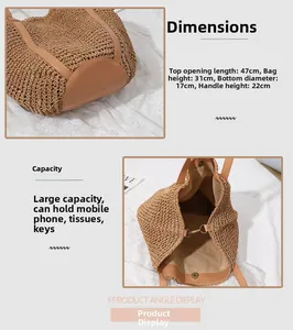 Detailed size chart showing dimensions of a large handmade straw beach bag for women