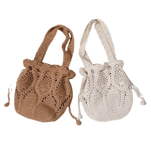 Handmade crochet bucket bag with flower hollow design in khaki and off-white colors