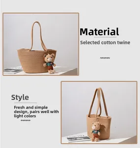 Detail of woven cotton rope shoulder bag featuring a cute teddy bear plush charm
