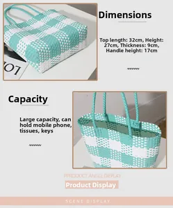Detail view of mint green checkered woven tote with dimensions 32x27x9cm shown