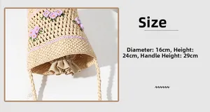 Detail shot of raffia bucket bag showing floral embroidery and dimensions 16x24x29cm