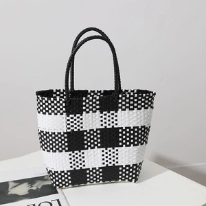 Checkerboard Woven Tote Bag PP Plastic Handmade Summer Beach Vacation Grid Pattern Stylish Large Capacity For Women