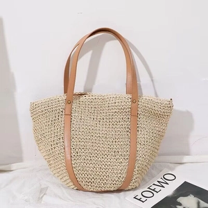 Large capacity handmade straw tote bag with brown leather handles for summer beach vacation