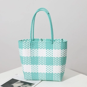 Handmade mint green and white checkered woven tote bag for beach and vacation