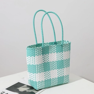 Minimalist mint green and white checkered woven tote bag for beach and vacation use