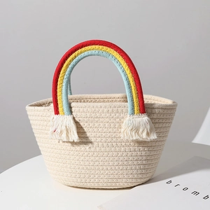 Rainbow Handle Cotton Rope Woven Handbag Handmade Tassel Beach Holiday Casual Tote Bag For Women Summer