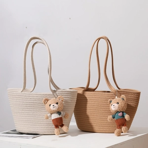 Women Woven Tote Bag Cotton Rope Straw Shoulder Bag With Cute Bear Charm For Summer Beach Vacation Casual Handbag
