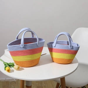 Sac À Main Tissé En Corde De Coton À Rayures Arc-en-ciel Sac Fourre-tout Mini Seau Coloré Pour Femmes Vacances À La Plage Style Doux