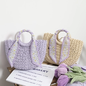 Women Straw Handbag Woven Paper Rope Beach Vacation Bag With Floral Scarf Handle Summer Pastoral Style Shell Shaped
