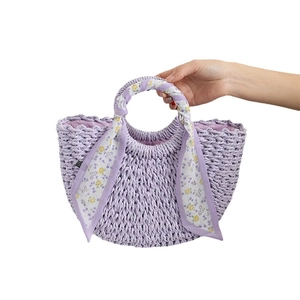 Purple straw woven tote bag with floral silk scarf handle for summer beach vacation