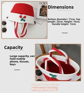 Internal view and dimensions of cherry-patterned straw bag with storage capacity display