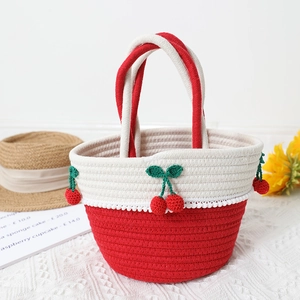 Handmade Cotton Rope Woven Handbag With Cherry Decoration Summer Beach Vacation Sweet Bucket Bag For Women