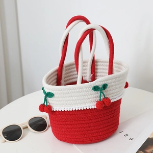 Handmade red and white woven cherry handbag for women, perfect for summer beach vacations