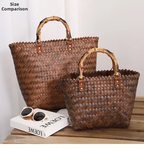 Size comparison of retro woven straw tote bags with bamboo handles and leather accents