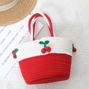 Handmade red and white woven cherry handbag for women beach vacation and daily use