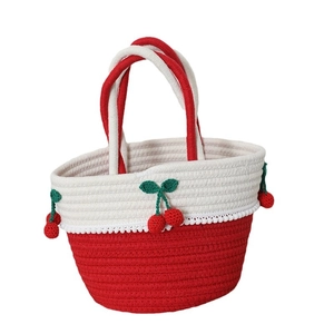 Handmade woven cherry handbag with red and white cotton rope for summer beach vacation