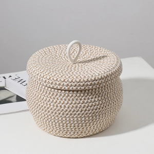 Two-tone cotton rope storage basket with lid and handle for home organization