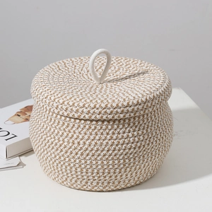 Round woven cotton rope storage basket with lid and ring handle for home organization