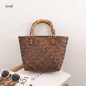 Retro Woven Handbag French Straw Style Basket Bag With Bamboo Handle Spacious Summer Vacation Style For Women