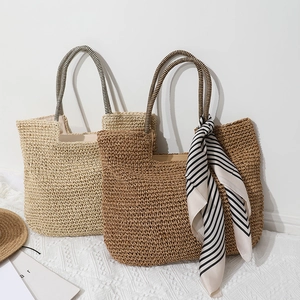 Large Capacity Straw Woven Tote Bag With Striped Handles And Satin Scarf Decor Vacation Beach Handbag For Women